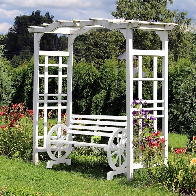 VINGLI Rustic Wooden Wheel Bench Outdoor Bench, Patio Bench Wagon Slatted Seat - Image 8