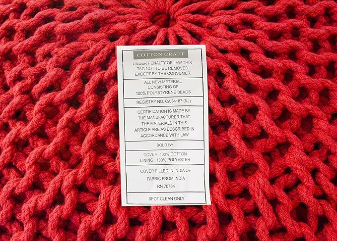 COTTON CRAFT - Hand Knitted Cable Style Dori Pouf - Red - Floor Ottoman - - Image 8