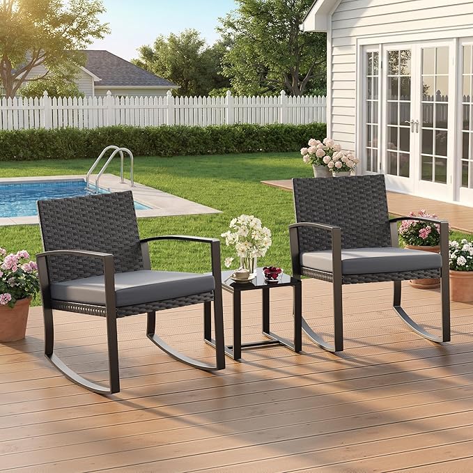 3 Pieces Outdoor Patio Furniture Set Rocking Bistro Set Outdoor Rattan - Image 7
