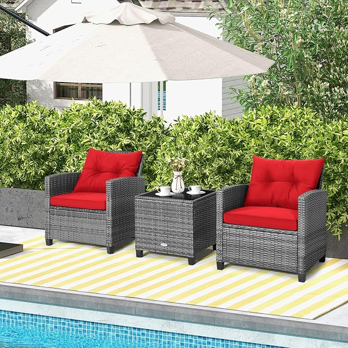 Tangkula 3 Pieces Patio Furniture Set, Outdoor PE Rattan Conversation Chair Set - Image 2