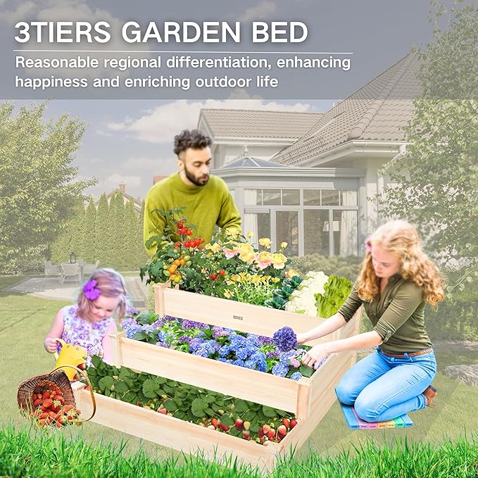 3-Tier Raised Garden Bed with Fabric Liner, Wood Elevated Planter Box with - Image 8