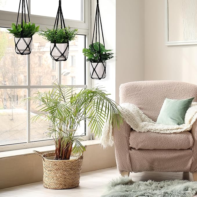 YIBOT 3 Pack Black Macrame Plant Hanger Indoor Hanging Planter Basket - Image 8