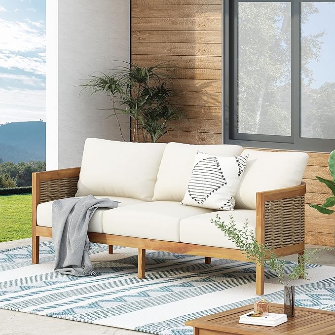 Merax 76.5" Outdoor Acacia Wood Wicker 3 Seater Sofa, Patio Furniture Couch by Merax