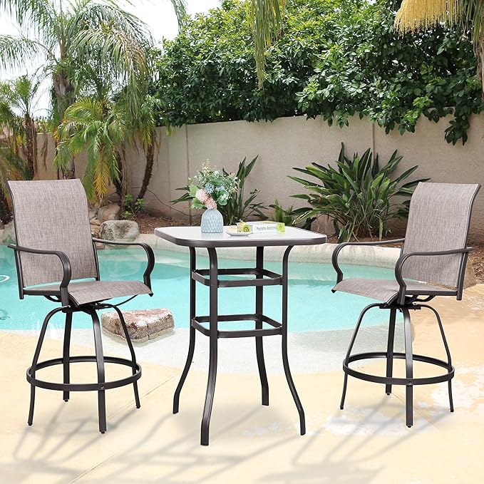 Vongrasig 3 Piece Patio Swivel Bar Set, All Weather Mental Textilene High by Vongrasig