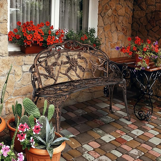 VINGLI 38.5" Patio Park Garden Outdoor Metal Rose Bench, 2-Person Cast Iron - Image 2