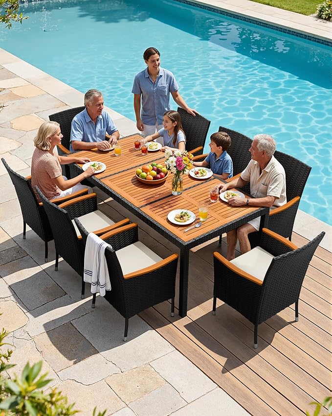 Flamaker 9 Piece Patio Dining Set Outdoor Acacia Wood Table and Chairs - Image 3
