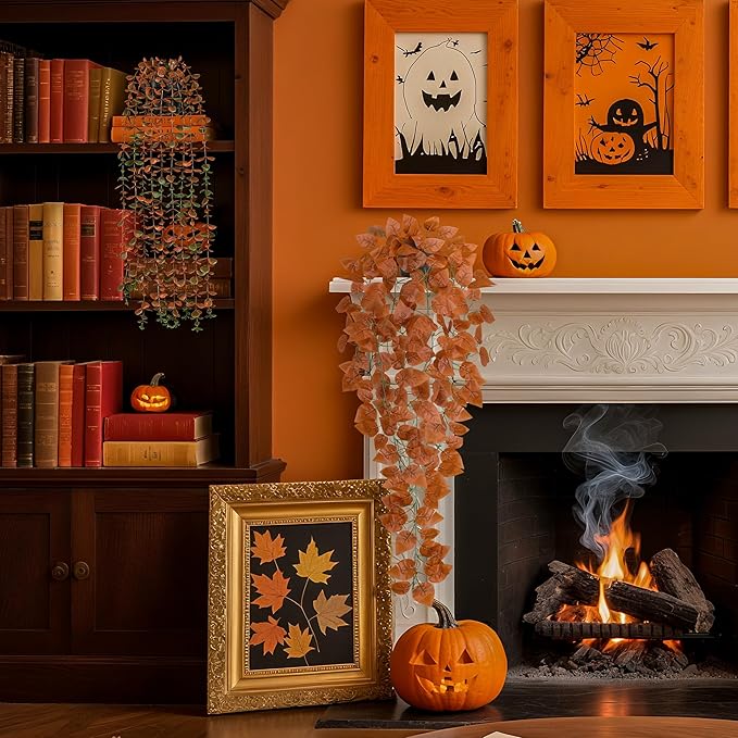 Der Rose 4Pcs Fake Fall Plants Hanging Orange Artificial Eucalyptus Plants - Image 5