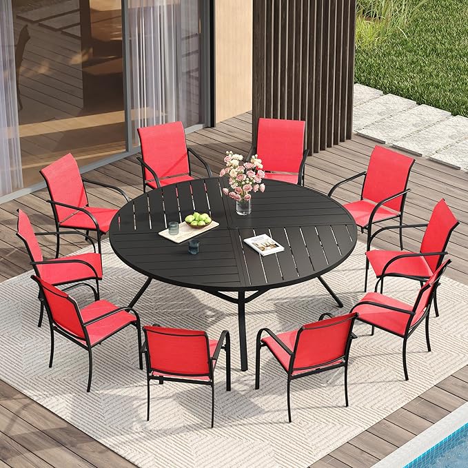 VICLLAX Patio Table and Chair Set of 10, All Weather Metal Round Outdoor Dining by HOME