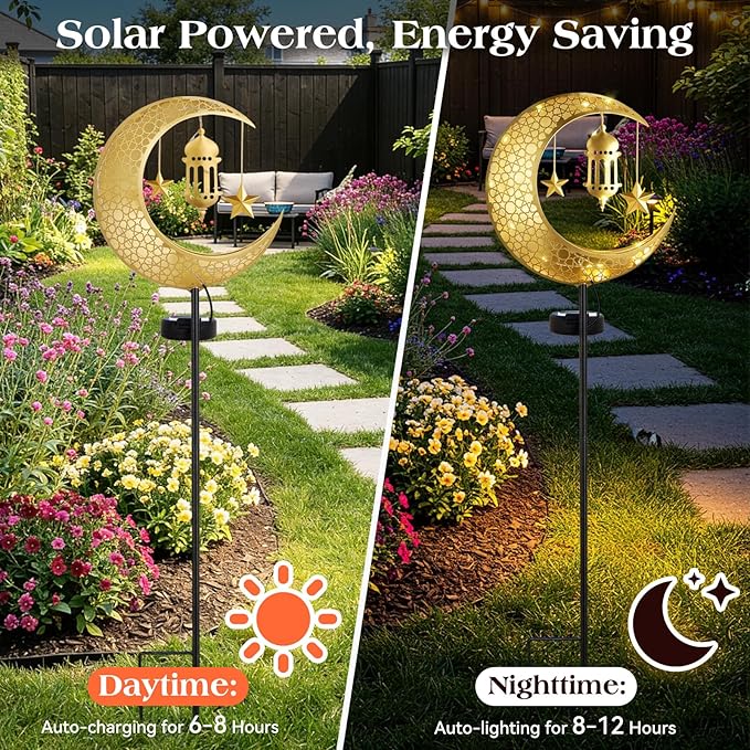 Lewondr 2Pcs Ramadan Solar Lights, Ramadan Decorations Outdoor, Metal Yard - Image 2