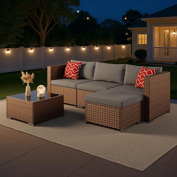 Aiho 5 Pieces Patio Furniture Set All-Weather Outdoor Wicker Sectional Patio - Image 3