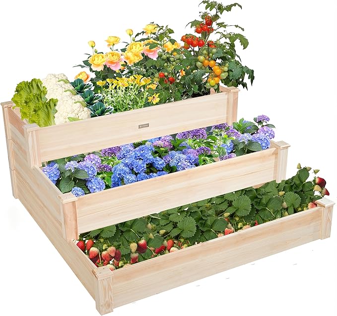 3-Tier Raised Garden Bed with Fabric Liner, Wood Elevated Planter Box with by ZSYWODFO