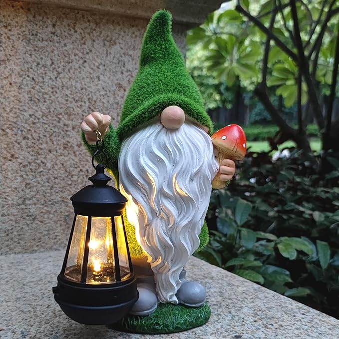 Gnomes Solar Garden Statues, Resin Gnome Figurine Decorations Holding Mushroom by Qobumy