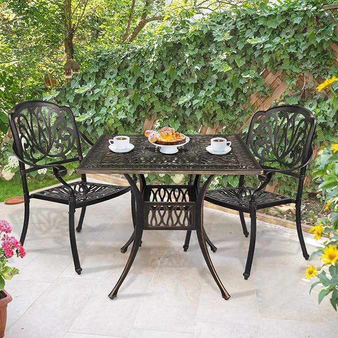 VINGLI Patio Dining Table with Umbrella Hole, Cast Aluminum Outdoor Bistro - Image 2