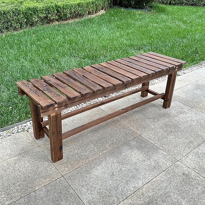 Outdoor Garden Bench, 3-Person Wood Patio Bench Weatherproof Outdoor Backless - Image 8