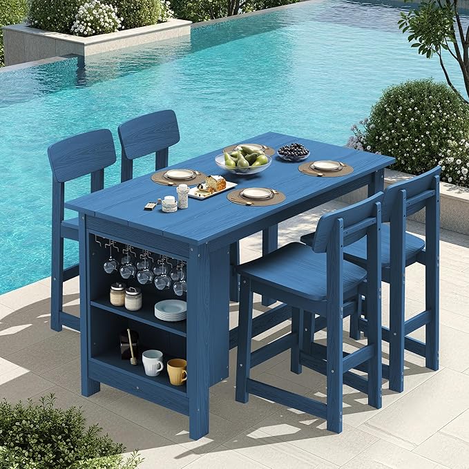 SERWALL Outdoor Bar Table and Chairs Set, 5-Piece HDPE Counter Height Patio by SERWALL
