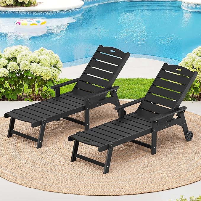LUE BONA Outdoor Chaise Lounge Chairs Set of 2, HDPS Lounge Chair, 5 Positions by LUEBONA