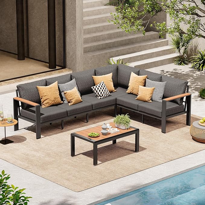 Aluminum Outdoor Patio Furniture Set 6 Seats, Outdoor Sectional Corner Sofa Set by ComfCove