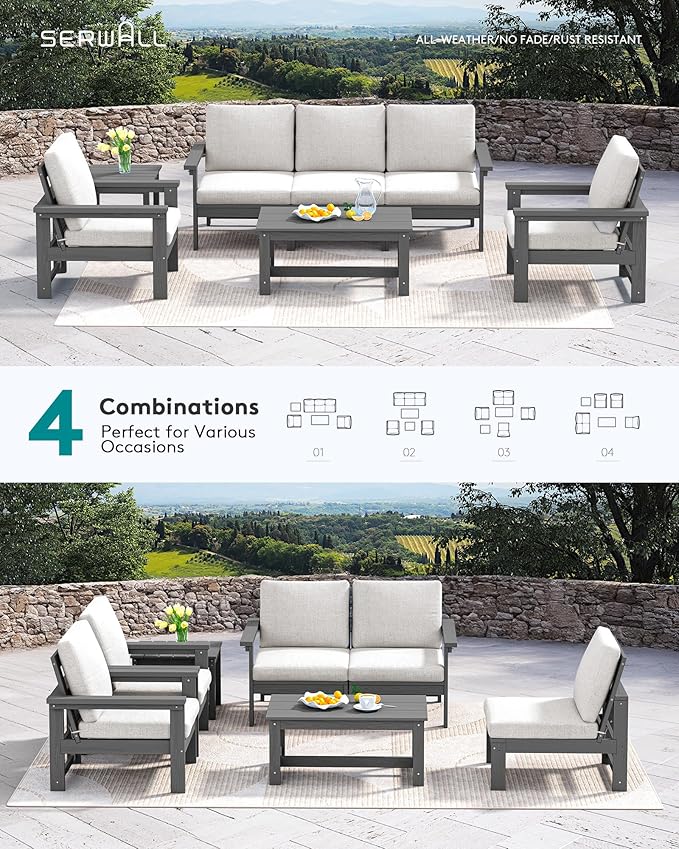 SERWALL HDPE Patio Furniture Set, 7-piece Outdoor Sectional Sofa Set, All - Image 8