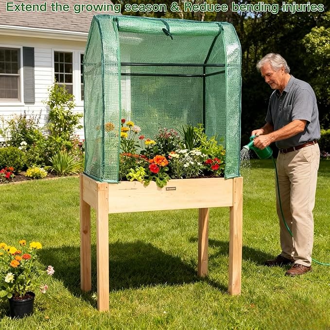 Raised Garden Bed with Greenhouse Cover, Elevated Wood Planter Box with Legs & - Image 2