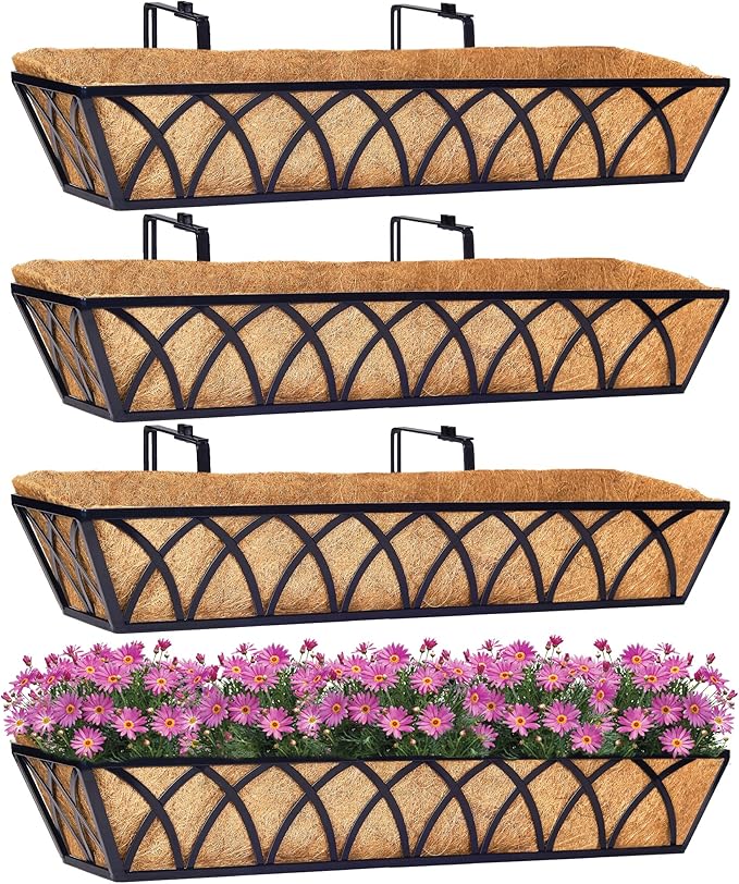 30 Inch Window Deck with Coco Liner Set of 4, Metal Hanging Flower Planter by LAWYAMAI