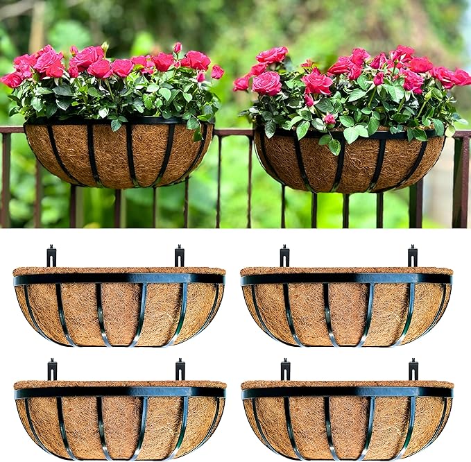 LaLaGreen Deck Railing Planter Boxes Black Metal Rectangular Hanging Planters by L%C3%A1L%C3%A1Green