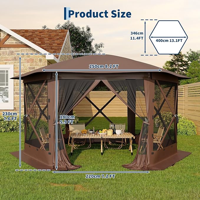 13x13FT 6-Sided Pop Up Gazebo Tent，One-Push Setup Canopy Tent - Image 6