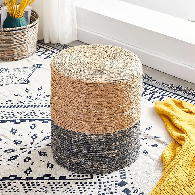 Wimarsbon Round Pouf Ottomans, Handwoven Natural Water Hyacinth Seagrass Pouffe - Image 2