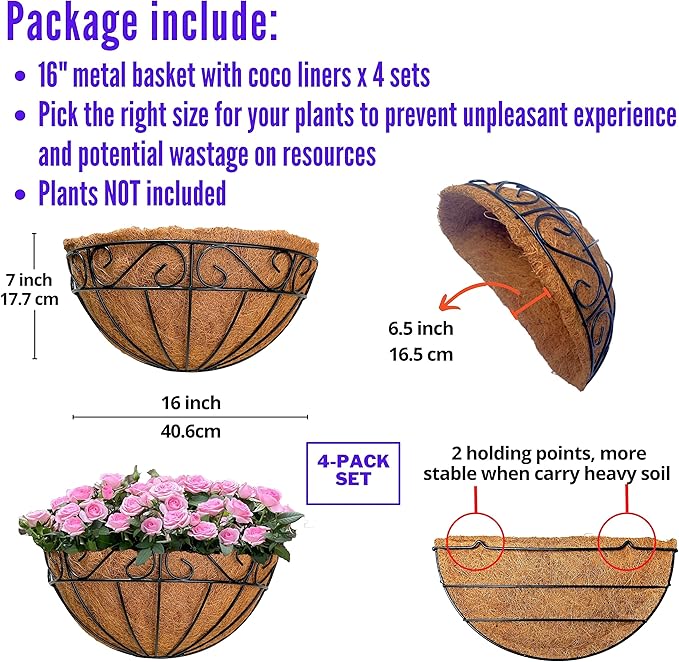 LaLaGreen 16 Inch Wall Mounted Flower Baskets, 4 Pack, Large Railing Planter - Image 2