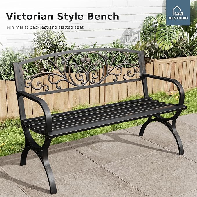 MFSTUDIO 50 Inches Outdoor Garden Bench, Cast Iron Metal Frame Patio Park Bench - Image 9