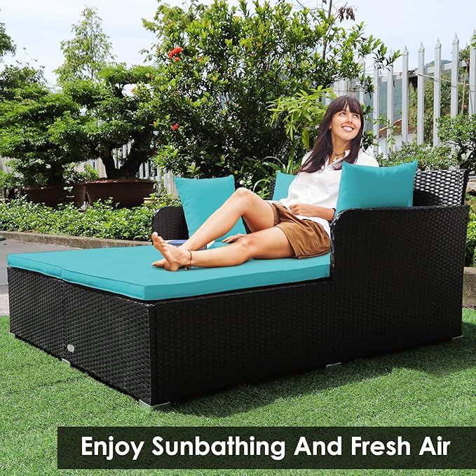 COSTWAY Outdoor Patio Rattan Daybed, Sponge Cushioned Loveseat Sofa - Image 5