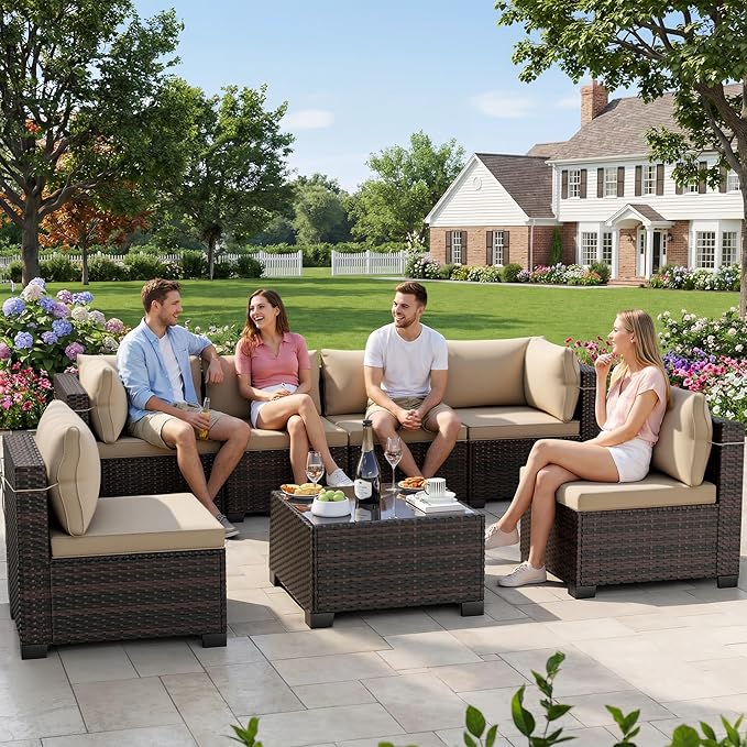 LEVELEVE 7 Pieces Outdoor Patio Furniture Sets, Rattan Conversation Sectional by Enjoyyourlife