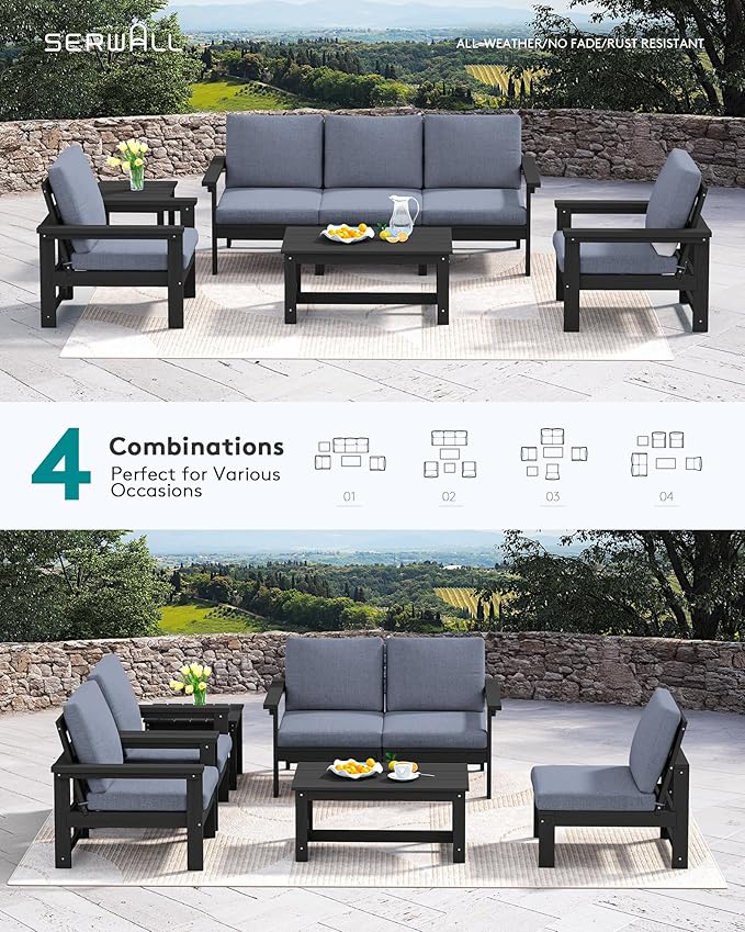 SERWALL HDPE Patio Furniture Set, 7-piece Outdoor Sectional Sofa Set, All - Image 8