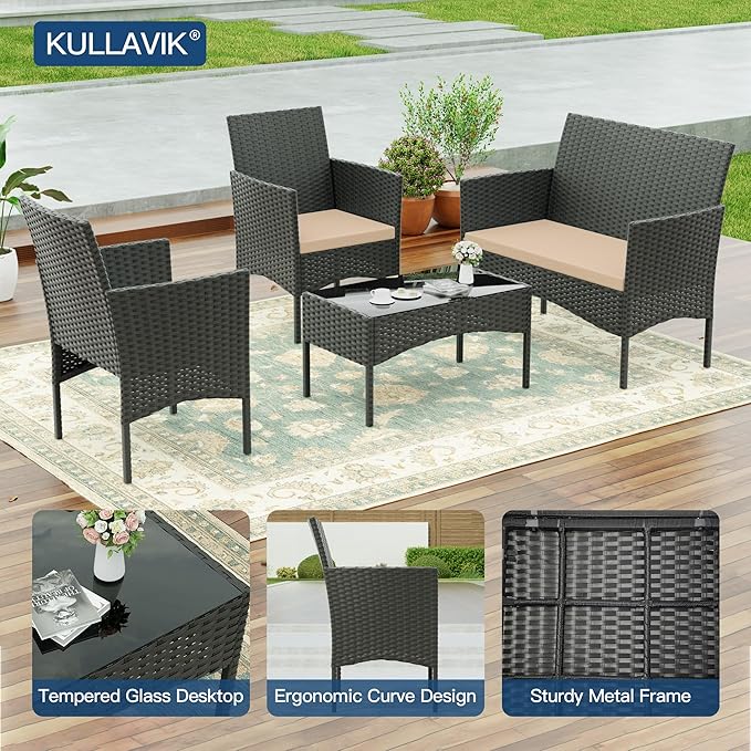 Kullavik 4 Pieces Outdoor Patio Furniture Set, PE Wicker Rattan Chairs Garden - Image 3