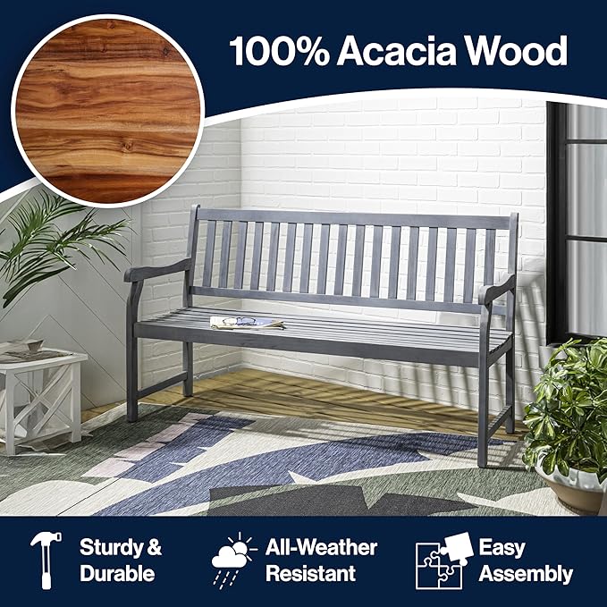 JONATHAN Y BNH101B Laurel 59.1" 3-Seat Slat-Back 600-Lbs Support Acacia Wood - Image 5