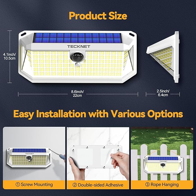 TECKNET 461 LED Solar Powered Outdoor Lights, 270° Angle & 3 Lighting Modes - Image 7