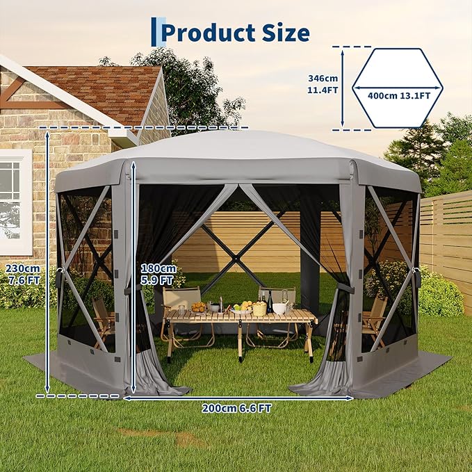 13x13FT 6-Sided Pop Up Gazebo Tent，One-Push Setup Canopy Tent - Image 6