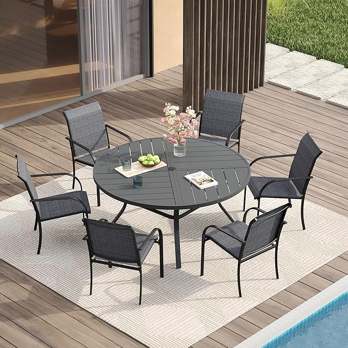 VICLLAX Patio Table and Chair Set of 6, All Weather Metal Round Outdoor Dining by HOME