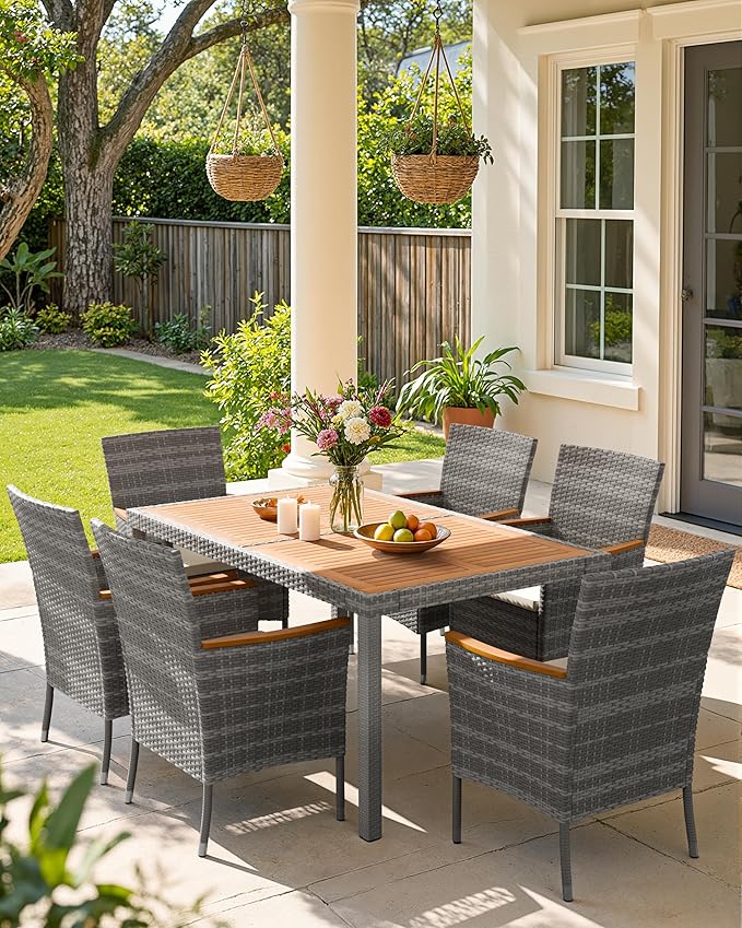 Flamaker 7 Piece Patio Dining Set Outdoor Acacia Wood Table and Chairs - Image 2