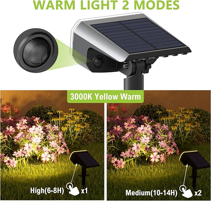DAMINY Solar Spotlights Waterproof IP65, Auto On/Off, 3000K 2 Lighting Modes - Image 2