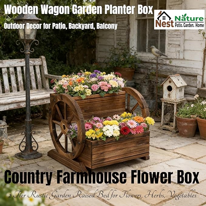 NestNature Wooden Wagon Planter Box, Raised Garden Bed, Decorative Garden - Image 2