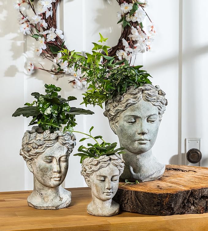 Abbott Collection Goddess Head Planter – Small Cement Indoor and Outdoor - Image 7