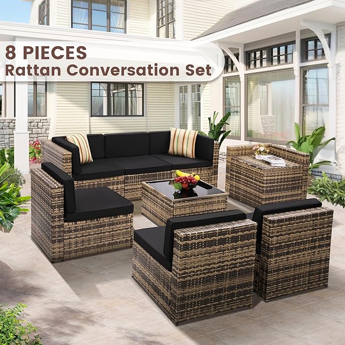 8-Piece Patio Furniture Set, Outdoor Wicker Rattan Sectional - Image 2