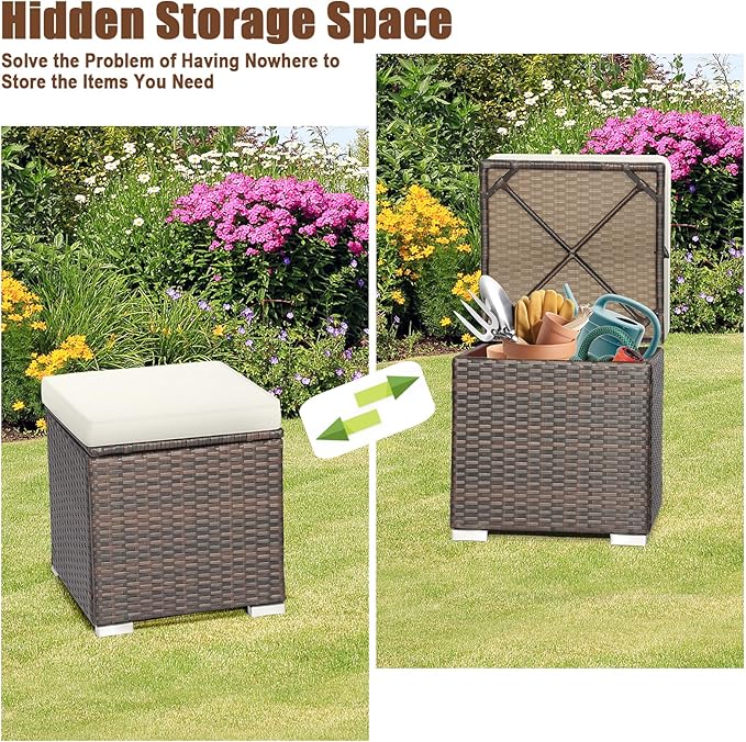 RELAX4LIFE Wicker Outdoor Storage Ottoman, 2-Piece Rattan Footstool w/Removable - Image 5
