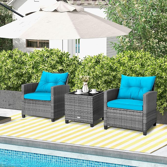 Tangkula 3 Pieces Patio Furniture Set, Outdoor PE Rattan Conversation Chair Set - Image 2