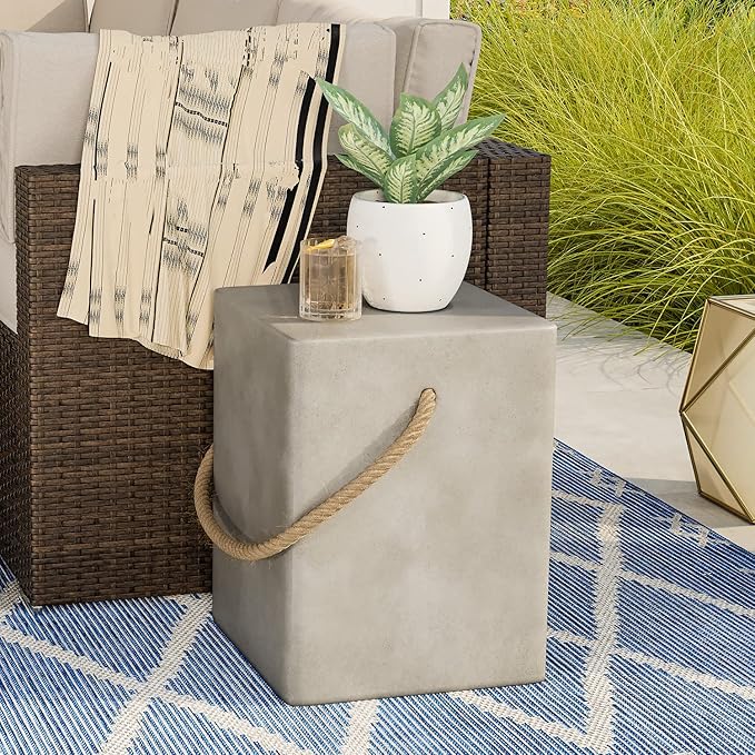 COSIEST Concrete Side Table, Rectangular Outdoor Side Table w Hemp Rope Handles - Image 8