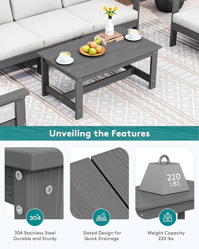 SERWALL HDPE Patio Coffee Table, Rectangle Outdoor Coffee Table, All-Weather - Image 7