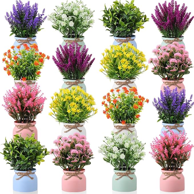Cindeer 16 Pcs Large Artificial Potted Flowers Fake Potted Plants Plastic Faux by Cindeer