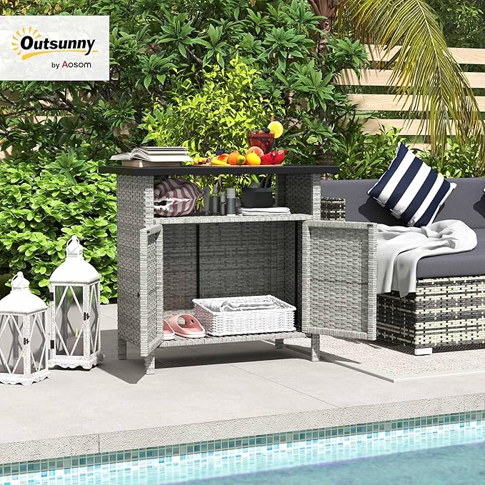 Outsunny Wicker Outdoor Storage Cabinet, Rattan Outdoor Bar Table - Image 2