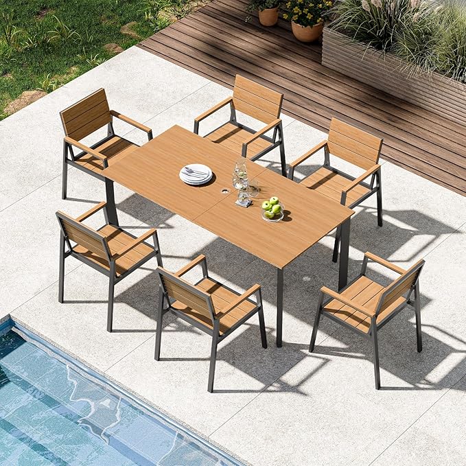 Outdoor Dining Set for 6, Aluminum Patio 7 Piece HDPS Luxury Outdoor Table and by ComfCove