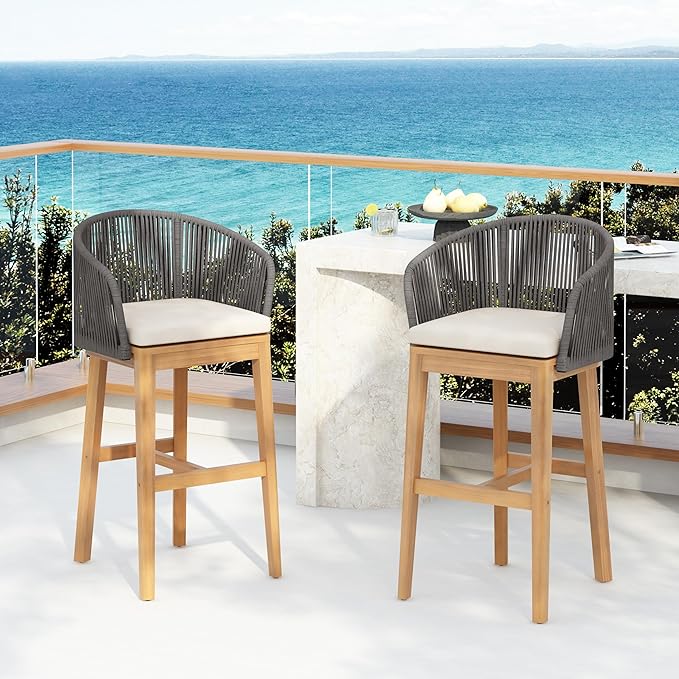 Christopher Knight Home Zax Set of 2 Patio Barstool, Acacia Wood & Rope Outdoor by ChristopherKnightHome